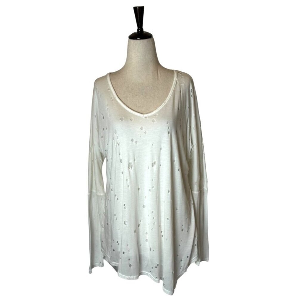 Trouble At The Mill Shirt Women Medium White V Neck Distressed Long Sleeve‎ Tee